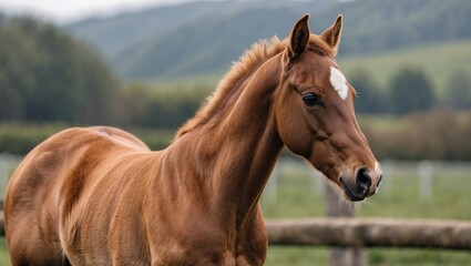 Fototapeta premium Sleek brown foal next to mare in a serene pasture landscape with lush greenery and hills in the background showcasing nature's beauty.