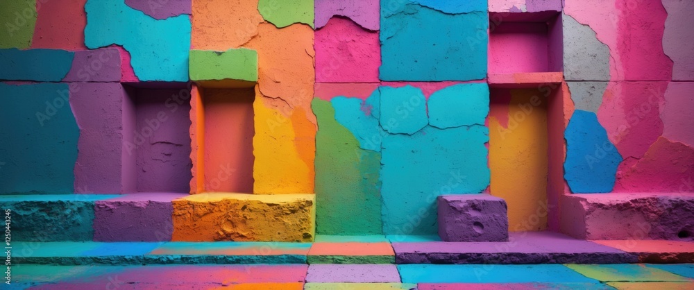Aufkleber vibrant abstract cement wall with colorful patches and textures creating an artistic and lively back