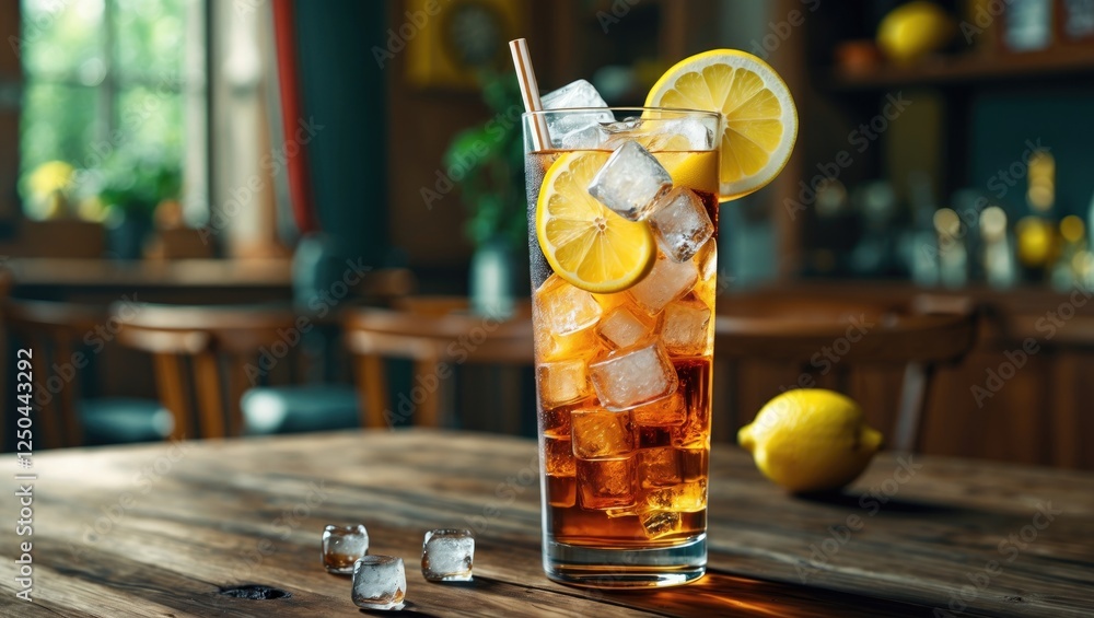 Poster refreshing iced tea with lemon and ice cubes on wooden table in cozy setting ideal for summer drink 