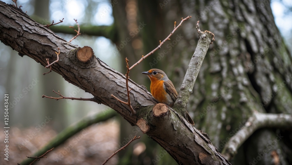 Aufkleber macro shot of a robin perched on a cut tree branch in a serene forest setting featuring blurred natu