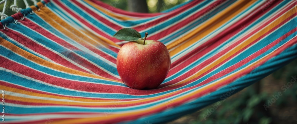 Poster fresh red apple resting on a vibrant striped hammock with room for text or branding in a relaxing ou