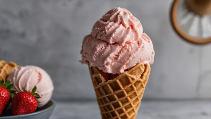 Delicious Strawberry Ice Cream Served In A Waffle Cone Garnished With Fresh Berries On A Light Grey Background