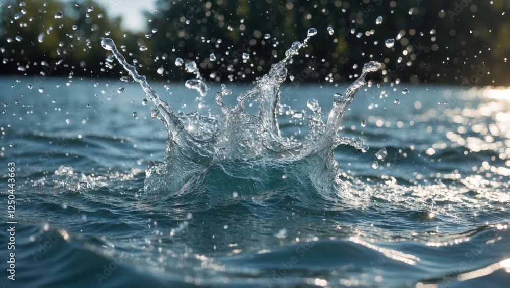 Poster dynamic water splash creating ripples in a serene lake with sunlight reflecting off the surface, cap