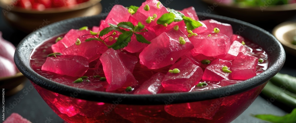 Poster vibrant bowl of ruby-red kolang-kaling garnished with green herbs set against a dark background for 