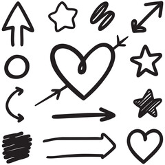 Line arrow hand drawn shape brush underline stroke element vector set. Hand drawn doodle sketch arrow, circle, star brush stroke scribble underline icon. Marker doodle heart vector illustration.