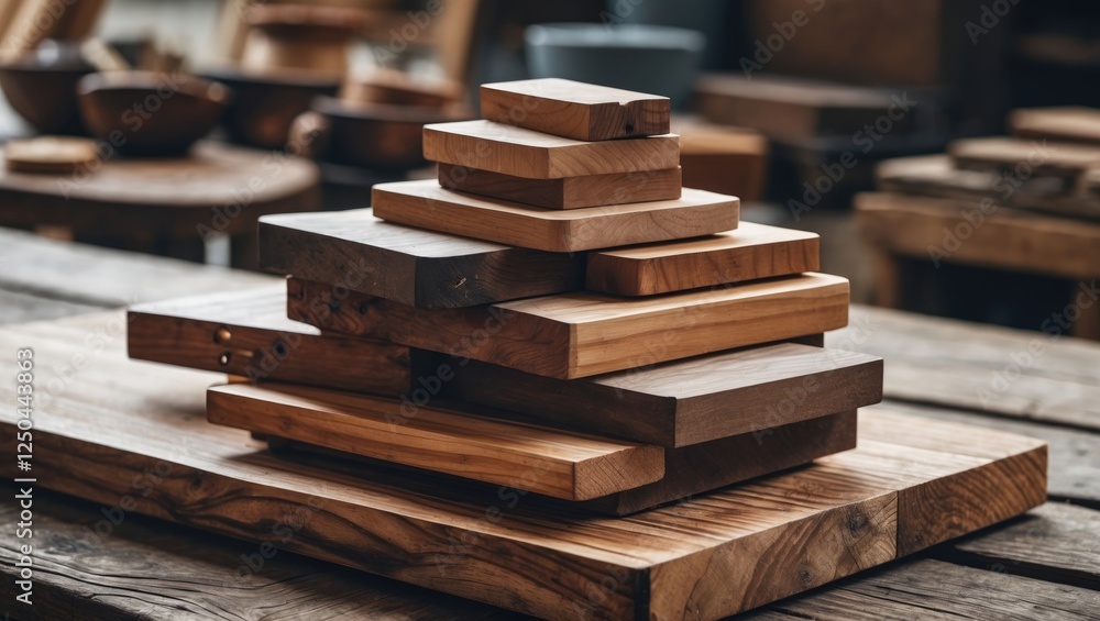 Poster stacked wooden blocks on a rustic workbench showcasing natural textures and craftsman tools in works