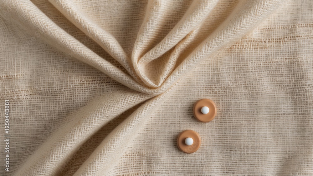 Poster natural fabric texture with two thumbtacks on top in a flat lay composition featuring ample copy spa