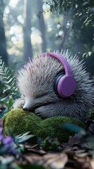 Obraz premium Adorable Hedgehog Napping with Lavender Headphones in a Forest