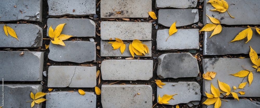 Poster stone sidewalk with yellow autumn leaves scattered across textured pavement creating a serene and pi