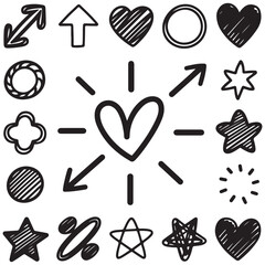 Obraz premium Line arrow hand drawn shape brush underline stroke element vector set. Hand drawn doodle sketch arrow, circle, star brush stroke scribble underline icon. Marker doodle heart vector illustration.