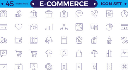 E-commerce outline icon set. Online shopping and delivery. E-Commerce set of in-line style. for mobile apps. Business, shop, digital marketing, bank card, gifts, sale. Editable stroke outline icon.