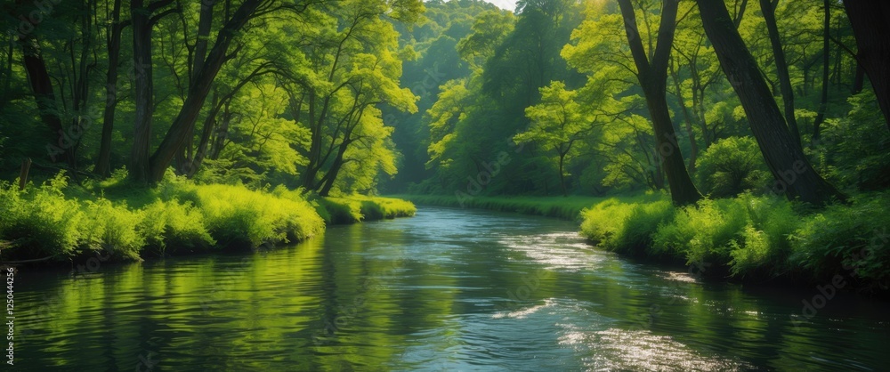 Poster serene river landscape with lush greenery and sunlight filtering through trees in a tranquil forest 