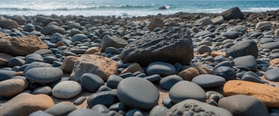 Close up of smooth stones and pebbles scattered along a tranquil beach in Maui with gentle ocean waves in the background.