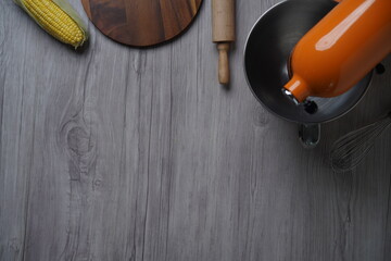 Baking wooden background with organic ingredients on the table, copy space - Square