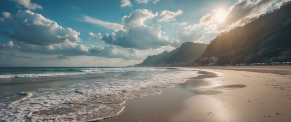 Naklejka premium Scenic Beach Landscape Under Bright Skies With Gentle Waves Ideal For Text Overlay And Summer Themes