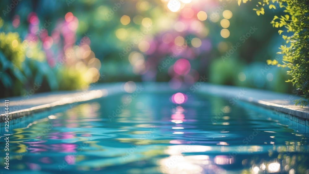 Poster serene abstract outdoor swimming pool image with bokeh effect and reflections in tranquil garden set