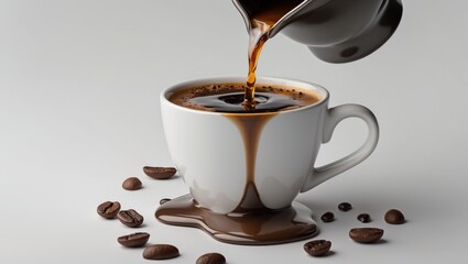 Closeup of a cup overflowing with coffee surrounded by coffee beans on a white background capturing a dynamic culinary moment.
