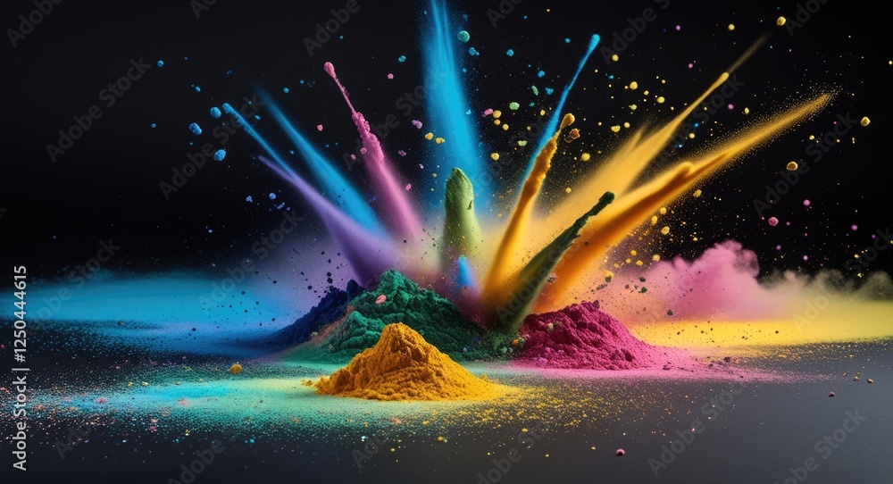 Poster vibrant explosion of colored powders against a black background showcasing dynamic movement and arti