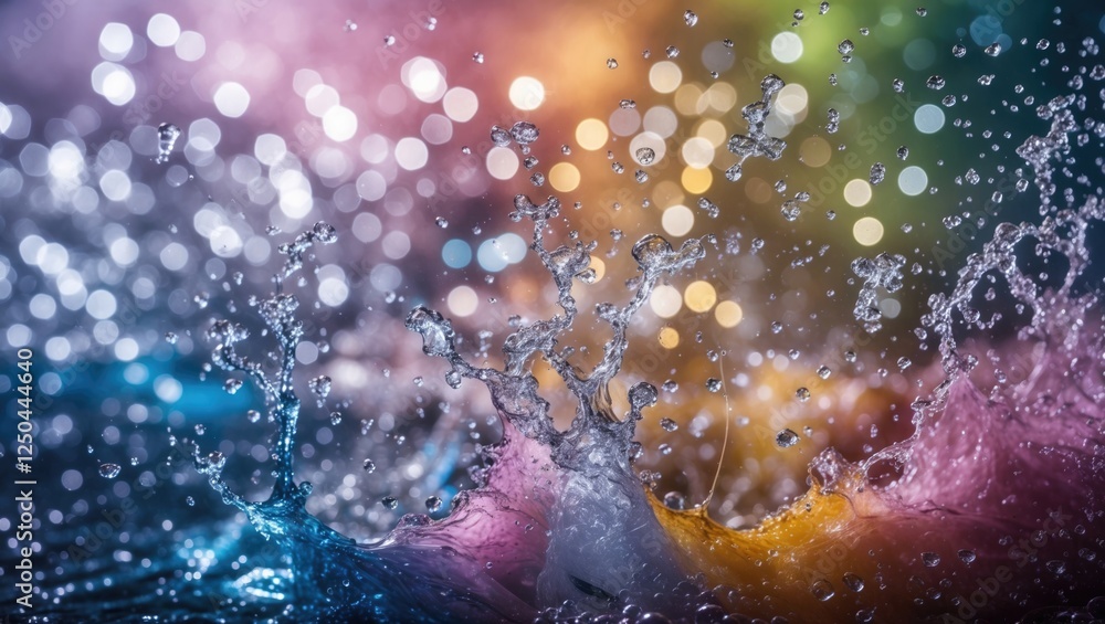 Poster colorful abstract bokeh effect created by water droplets and spray against a vibrant background with
