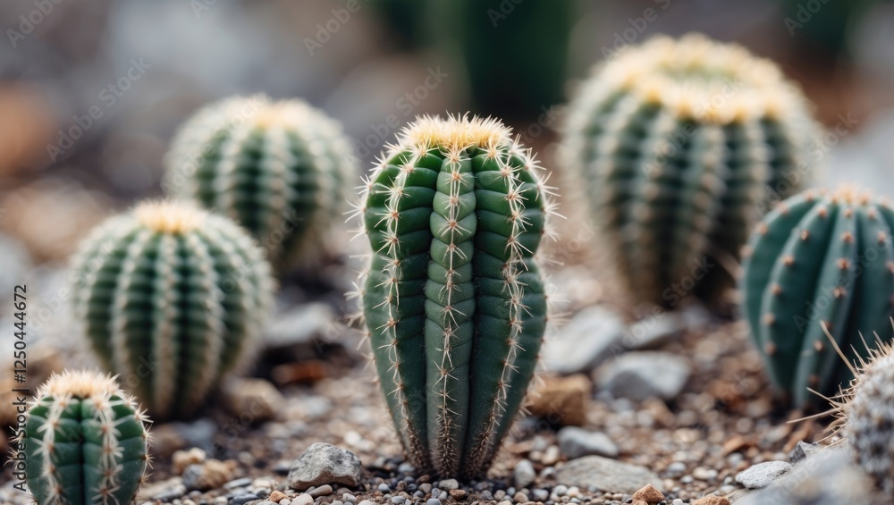 Poster unique cactus varieties on gravel ground with clear space for text or design elements