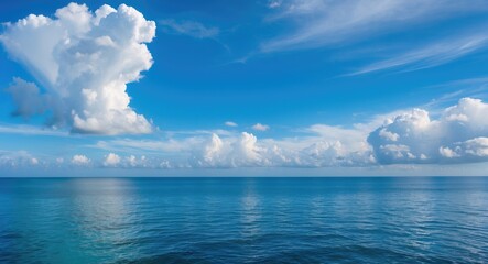 Fototapeta premium Serene coastal landscape featuring a clear blue sky and fluffy white clouds over calm ocean waters ideal for nature and tranquil imagery.