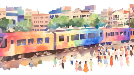 India watercolor, An aerial view of an Indian railway station showcasing intricate details and vibrant surroundings in high fidelity.