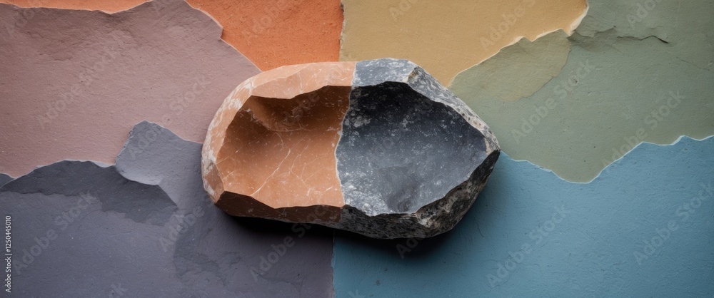 Aufkleber stone sample displayed against a split-color background showcasing natural textures and hues for art