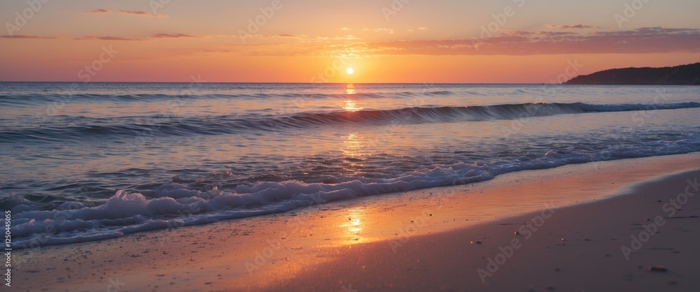 Aufkleber tranquil beach scene at sunset with warm glow and soft waves featuring ample space for text overlay