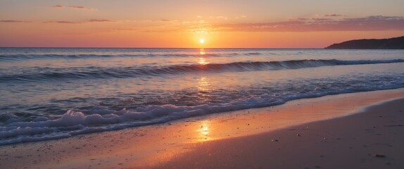 Tranquil Beach Scene at Sunset with Warm Glow and Soft Waves Featuring Ample Space for Text Overlay