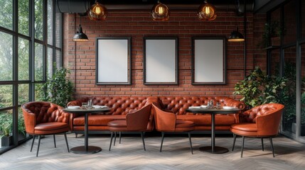 Cozy Modern Restaurant Interior with Leather Seating and Greenery