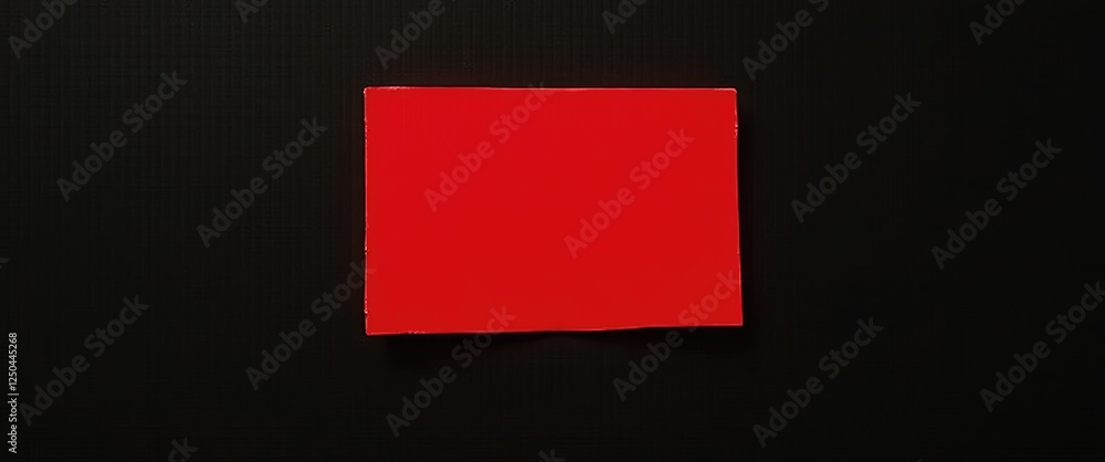 Poster red paper sheet placed centrally on a textured black wall creating a striking contrast in colors and
