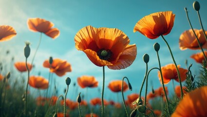 Fototapeta premium Vibrant Orange Poppies Under Clear Blue Sky in Full Bloom Natural Landscape Background