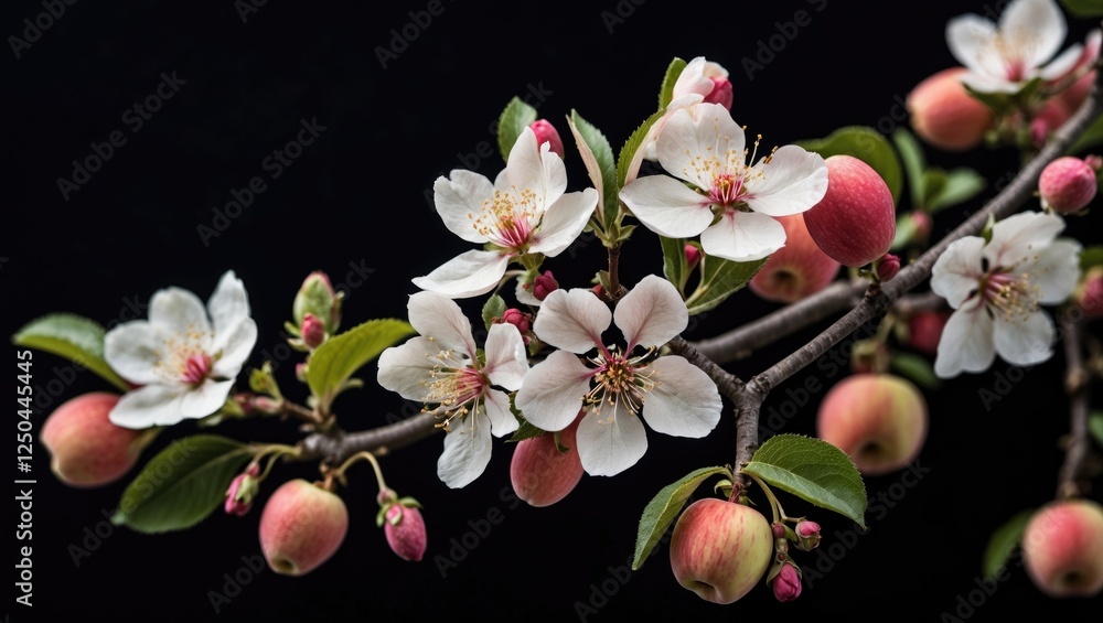 Poster apple blossoms with buds on black background featuring empty space for text or design elements