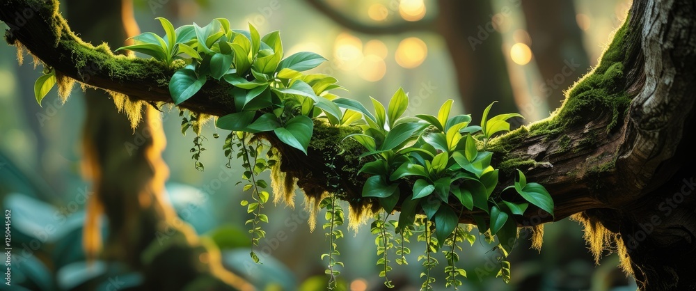 Poster lush green plants growing on a tree branch with a blurred forest background creating a serene tropic