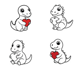 Cute Cartoon Dinosaur Holding a Red Heart – Adorable Kawaii Valentine’s Day Clipart