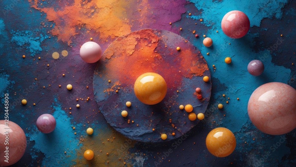 Poster vibrant abstract background with colorful orbs and textured surfaces creating a dynamic and artistic