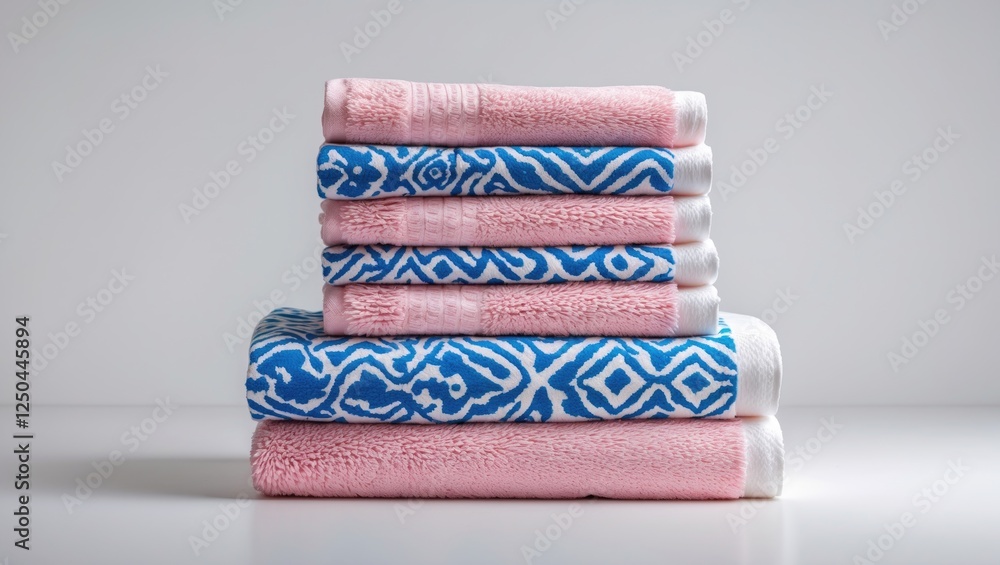 Poster stack of colorful towels with pink and blue patterns on a white background showcasing softness and d
