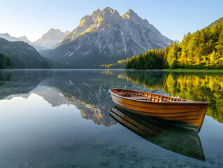 Obraz premium A small boat floating on a crystal-clear lake