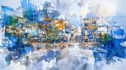 Artistic City Street Scene, Vietnam, Busy Day, Watercolor Style, Travel Poster