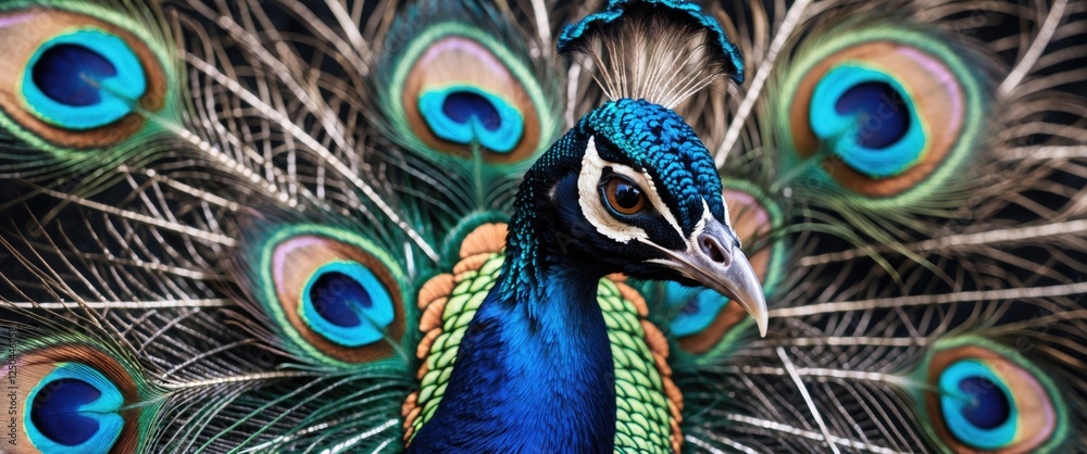 Poster closeup shot of vibrant peacock feathers showcasing intricate colorful patterns and textures in natu