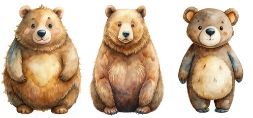 Cute watercolor bears, adorable animal illustrations, playful bear characters, children's art style, whimsical design.