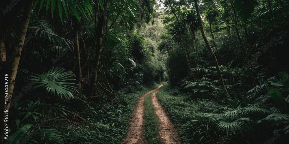 Poster serene jungle pathway surrounded by lush greenery and dense foliage with space for text overlay