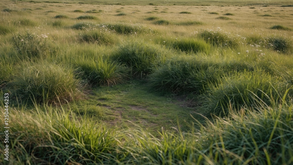 Wall mural Lush green grassland with varied textures and gentle undulations creating a tranquil natural landscape in soft evening light.