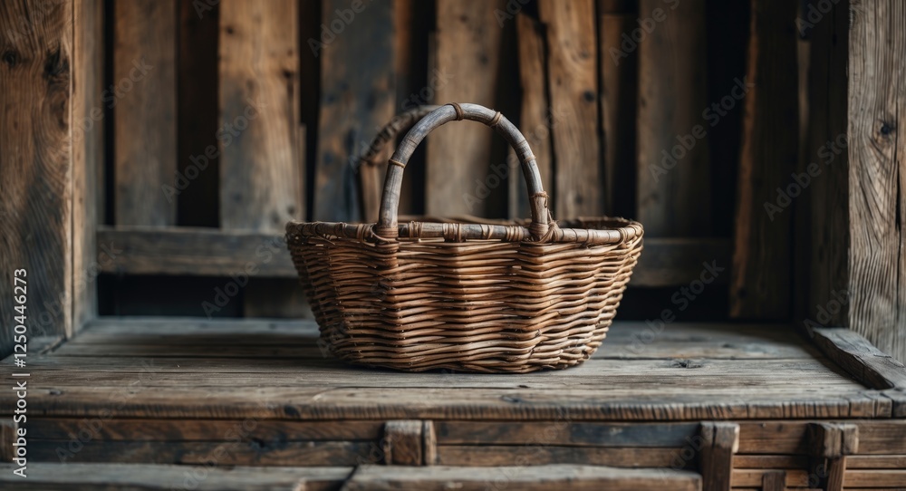 Poster rustic wicker basket resting on wooden shelf with natural textures and empty space for creative text