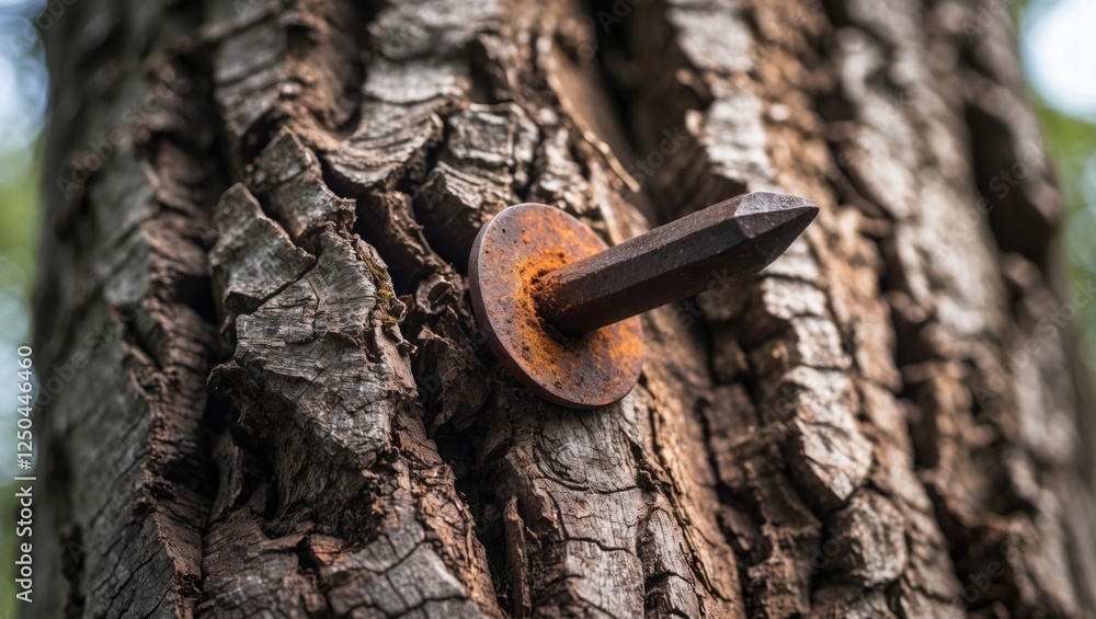 Poster close-up of a rusted nail embedded in a textured tree trunk illustrating nature and decay in a fores