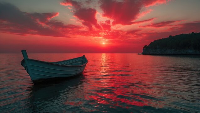 Lonely vintage boat on calm waters during a stunning sunset with vibrant red sky and ample empty space for text placement.