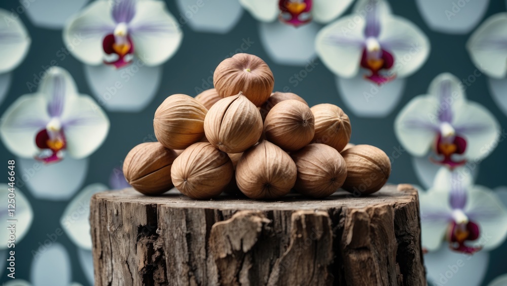 Poster fresh ripe hazelnuts piled on rustic stump with orchid pattern background creating a natural food co