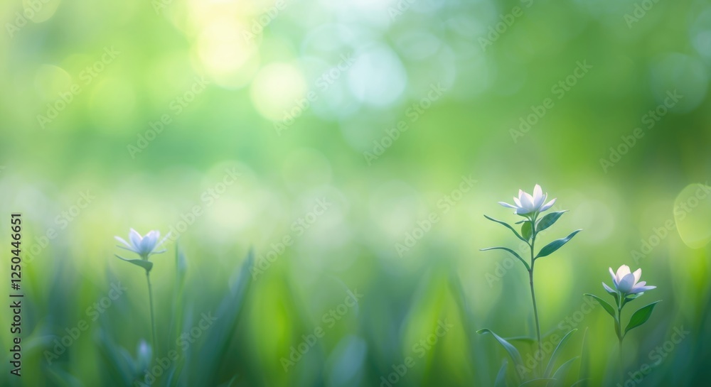 Poster springtime floral blur background in soft green hues with delicate flowers creating a serene and cal