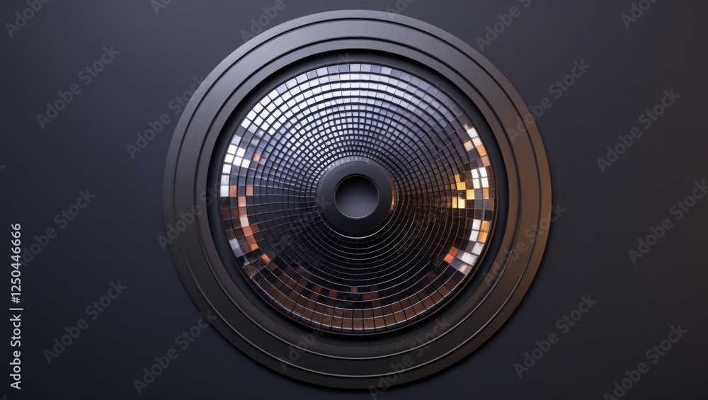 Poster abstract circular pattern with reflective tiles on a dark background, creating a modern disco or fut