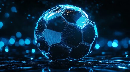 Naklejka premium Futuristic Glowing Soccer Ball - A close-up of a futuristic glowing soccer ball, illuminated with bright blue light, on a dark reflective surface.